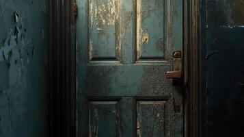 Weathered Teal Door With Peeling Paint And Rusted Hardware photo