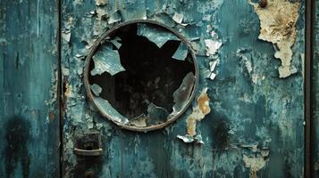 Damaged teal metal door reveals hole and rust photo