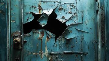 Rusted teal metal door with shattered panels photo
