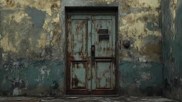 Rusted Door in a Decaying Building Exterior Wall photo