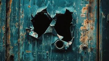 Rusted metal surface with a large hole showing damage photo