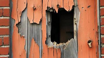 Damaged Wooden Door With Peeling Paint And Hole photo