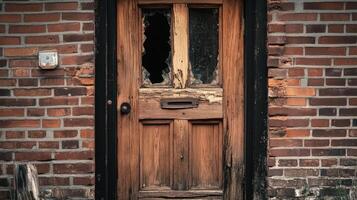 Old Wooden Door With Broken Glass Pane In Brick Wall photo