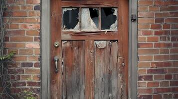 Old weathered wooden door with broken glass panes photo