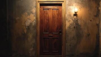 Old Wooden Door in a Dimly Lit Room photo