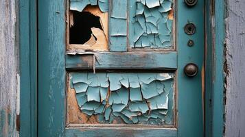 Damaged teal door reveals weathered wood and cracked paint photo
