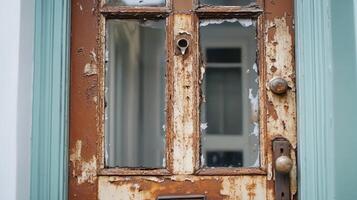 Rusty Old Door With Peeling Paint And Broken Glass photo