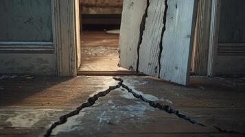 Cracked floor and damaged door in an old house photo
