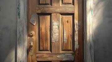 Old Wooden Door With Peeling Paint And Brass Hardware photo