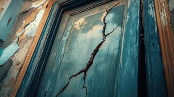 Cracked teal door weathered frame old building photo