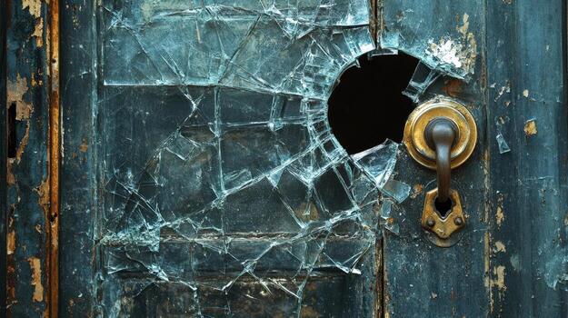 A broken door with a broken window and a broken door handle photo