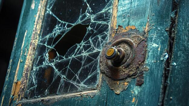 Broken Windowpane Old Door Rusty Knob Detail photo