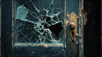A broken door with a broken window and a broken lock photo