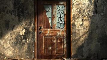 Old Wooden Door with Shattered Glass Pane in Decaying Wall photo