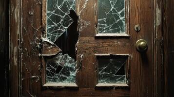 Old Wooden Door With Shattered Glass Panels photo