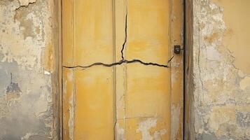 Damaged Yellow Door in Aged Building Wall photo