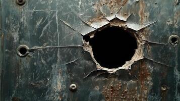 Rusted metal plate with a large circular hole photo