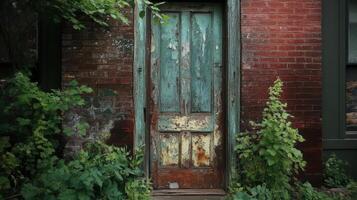 Weathered Door in an Old Brick Building photo