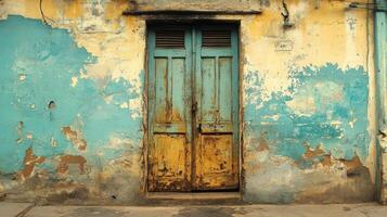 Weathered Door in Aged Building Exterior Wall photo
