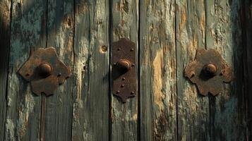 Weathered Wooden Door With Rusty Metal Fasteners photo