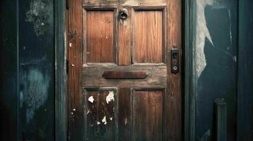 Weathered Wooden Door With Rusted Mail Slot photo