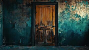 An old door in a room with peeling paint photo