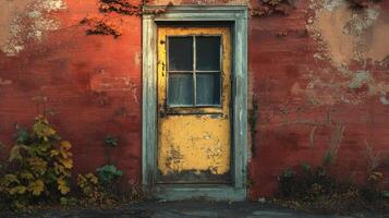 Weathered Yellow Door In A Red Brick Wall photo
