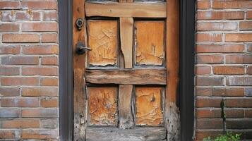 An old wooden door with a broken window photo