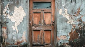 An old wooden door is seen in a dilapidated building photo