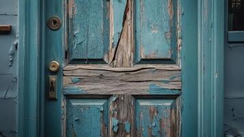 Weathered Teal Door With Peeling Paint And Wood photo