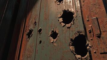 Rusted Metal Door Shows Multiple Bullet Holes photo