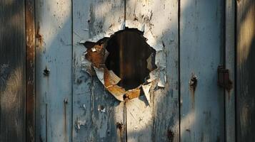 Rusted weathered wood door shows large hole photo