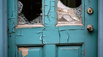 Teal Wooden Door With Broken Glass And Peeling Paint photo