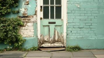 Weathered Green Door in Decayed Brick Building photo