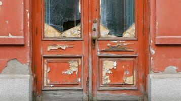 A weathered orange double door with broken glass panes photo