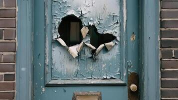 Damaged Blue Door With Peeling Paint And Holes photo