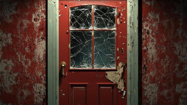 Broken Window Red Door Abandoned Building photo