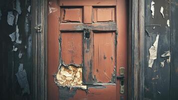 Old weathered wooden door with peeling paint and damage photo