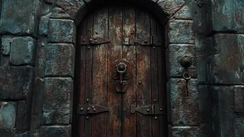 Ancient Wooden Door Set In Stone Archway Wall photo