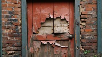An old wooden door with peeling paint photo