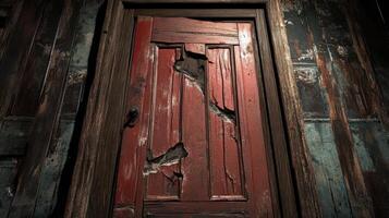 Old Damaged Red Wooden Door in Frame photo