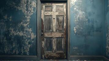 Weathered Wooden Door in a Derelict Room photo