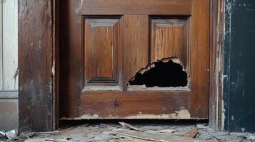 Damaged Wooden Door Showing Hole and Debris photo