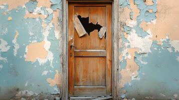 Old Wooden Door with Broken Pane in Decaying Building photo