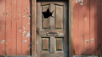Old weathered wooden door with a hole shows damage photo
