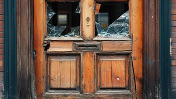 Old Wooden Door With Broken Glass Pane And Mail Slot photo