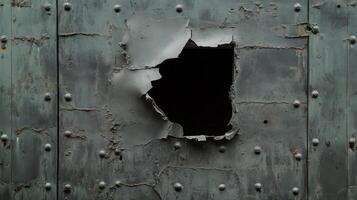 Damaged Metal Door With A Hole Reveals Darkness photo