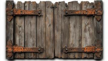 Weathered Wooden Shutters With Rusty Hinges photo
