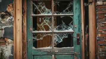 Broken Window in Old Wooden Door Frame photo