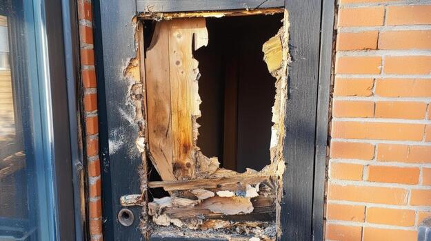 Damaged Door Frame Showing Extensive Wood Destruction photo